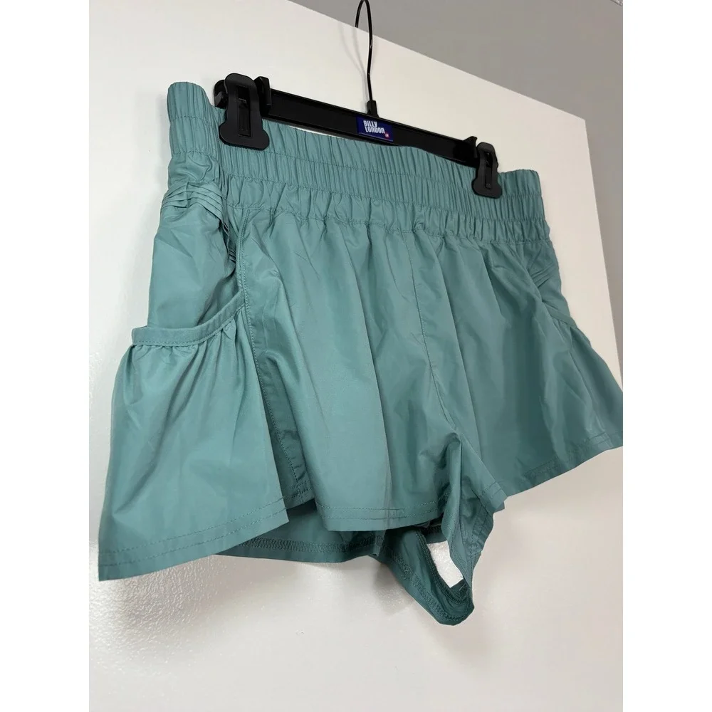 NEW FP Movement Get Your Flare On Shorts Medium Teal Blue Smocked Athletic